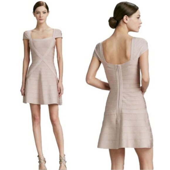 NWT Herve Leger Makayla Dress Rare Beige Nude Bandage XS NEW Mini - Picture 7 of 9